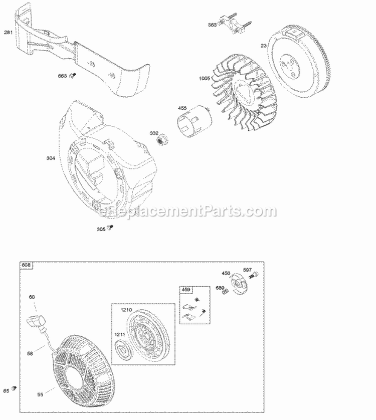 Blower Housing Flywheel Rewind Starter Diagram and Parts List for 25T232-0009-G1  Briggs and Stratton Engine
